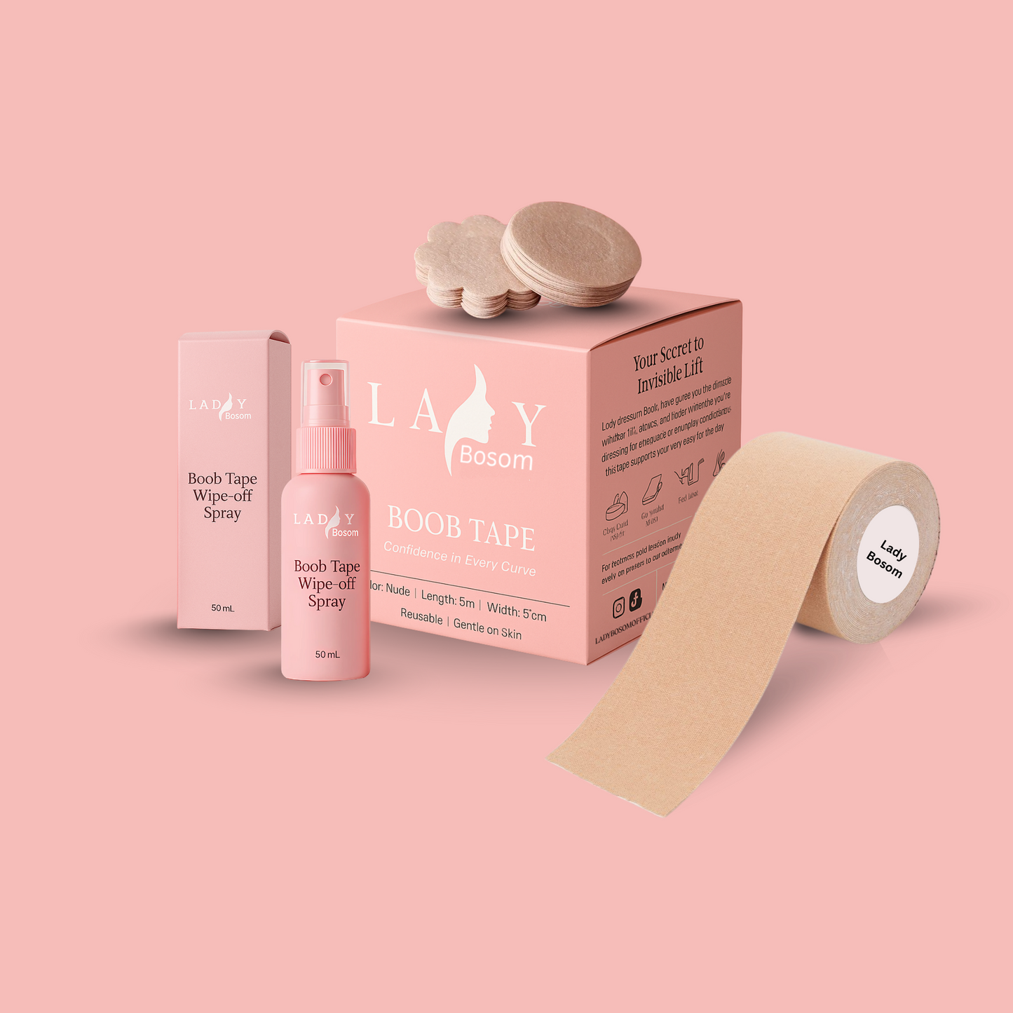 Boob Tape + Silicon Nipple Cover + Disposable Nipple Cover+ Adhesive Removal Spray