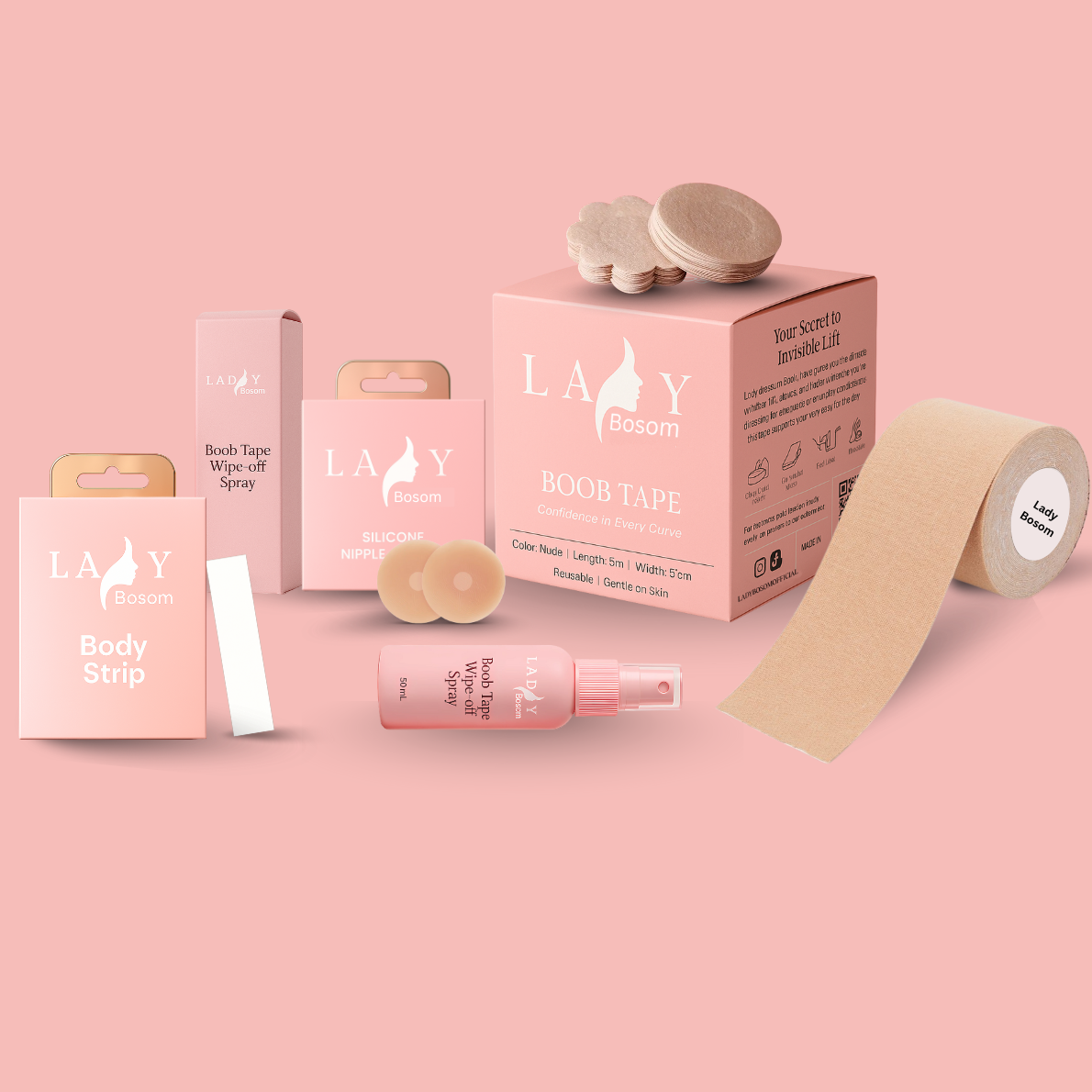 Boob Tape + Silicon & Disposable Nipple Cover + Body Cloth Strips + Adhesive Removal Spray